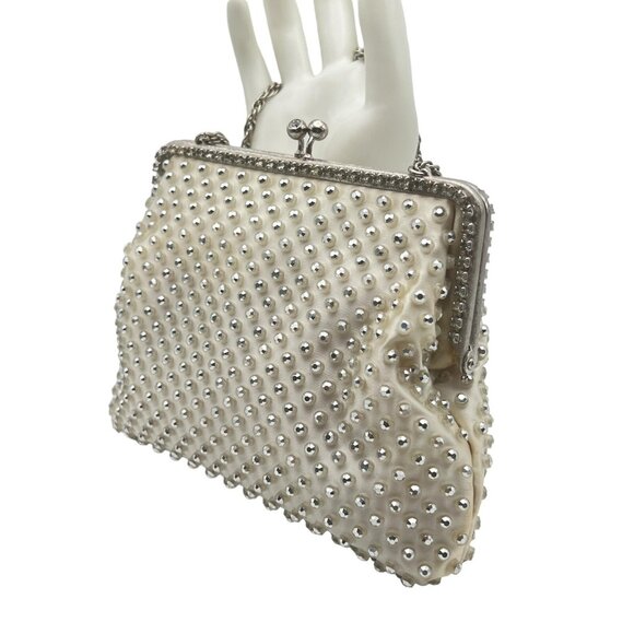 West Germany White Satin Rhinestone Beaded Purse With Change Purse Kiss Lock VTG - Picture 12 of 16